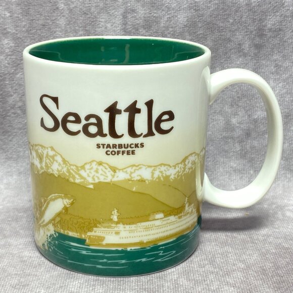 Starbucks Seattle 2011 Coffee Mug Mountains 16oz Green Whale Skyline Cup - Picture 1 of 7